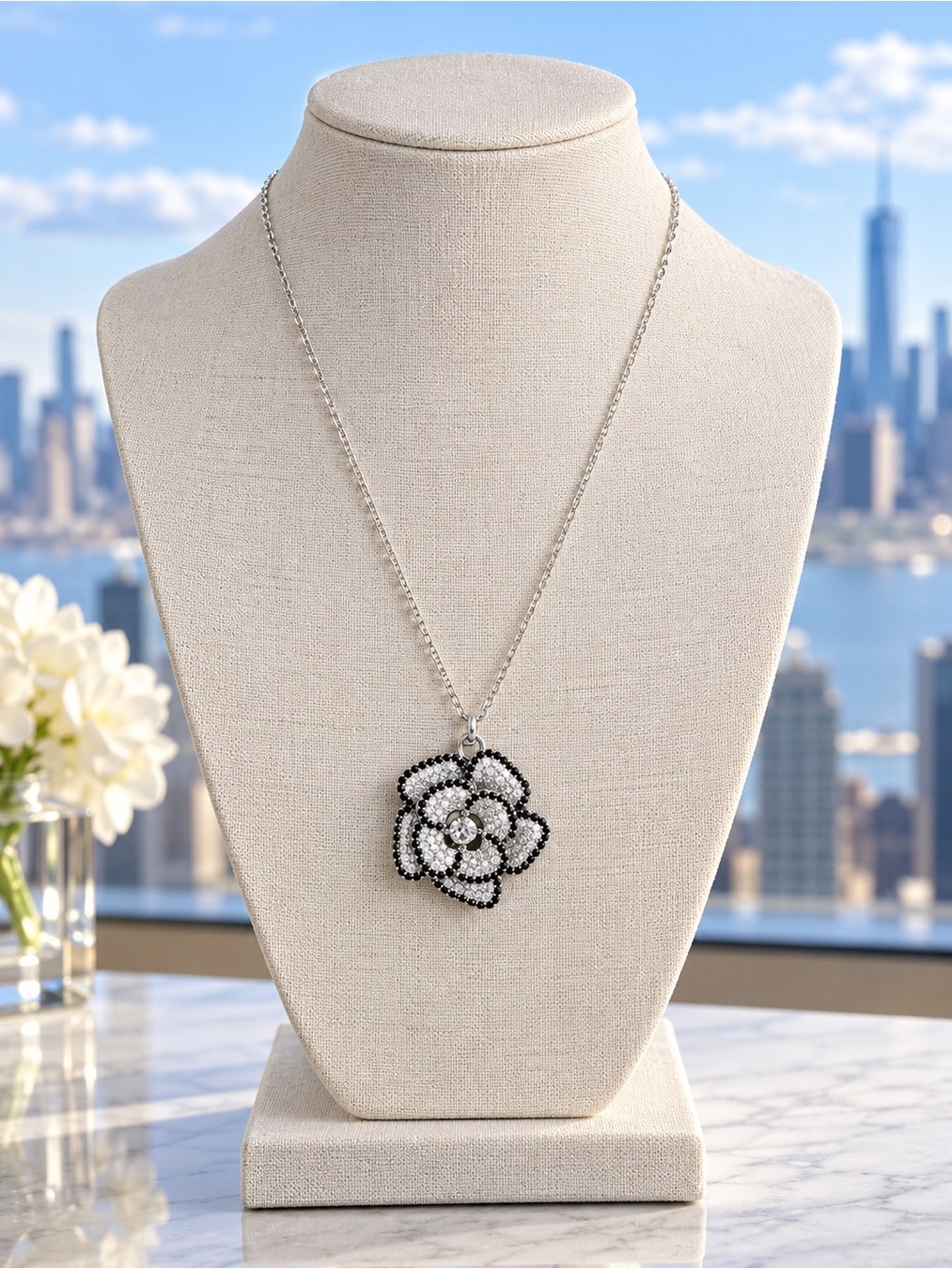 Elegant Black and White Flower Pendant Necklace - Women's Jewelry NWOT